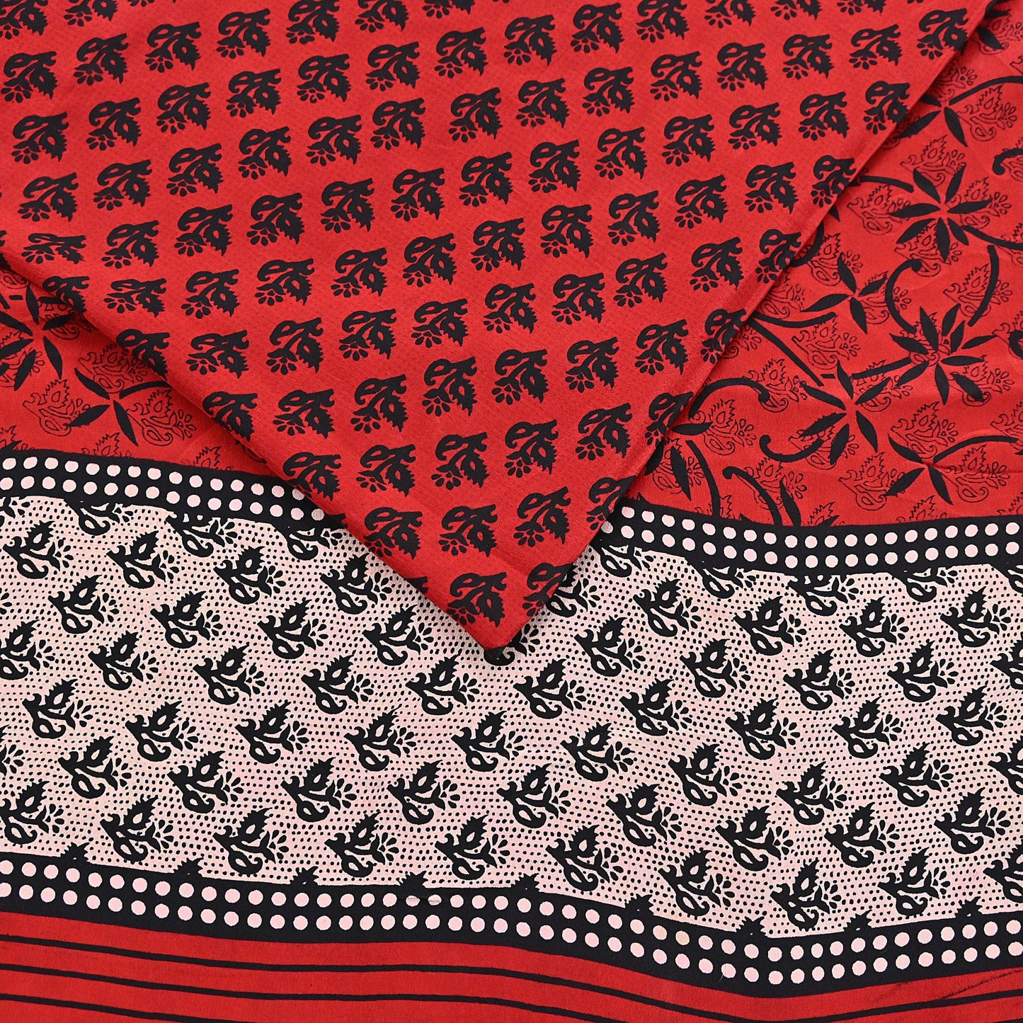 Indian Vintage Sari Black & Red Pure Crepe Silk Printed Saree 5yard Sewing Rose Flower Soft Craft Fabric Wrap