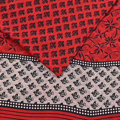Indian Vintage Sari Black & Red Pure Crepe Silk Printed Saree 5yard Sewing Rose Flower Soft Craft Fabric Wrap