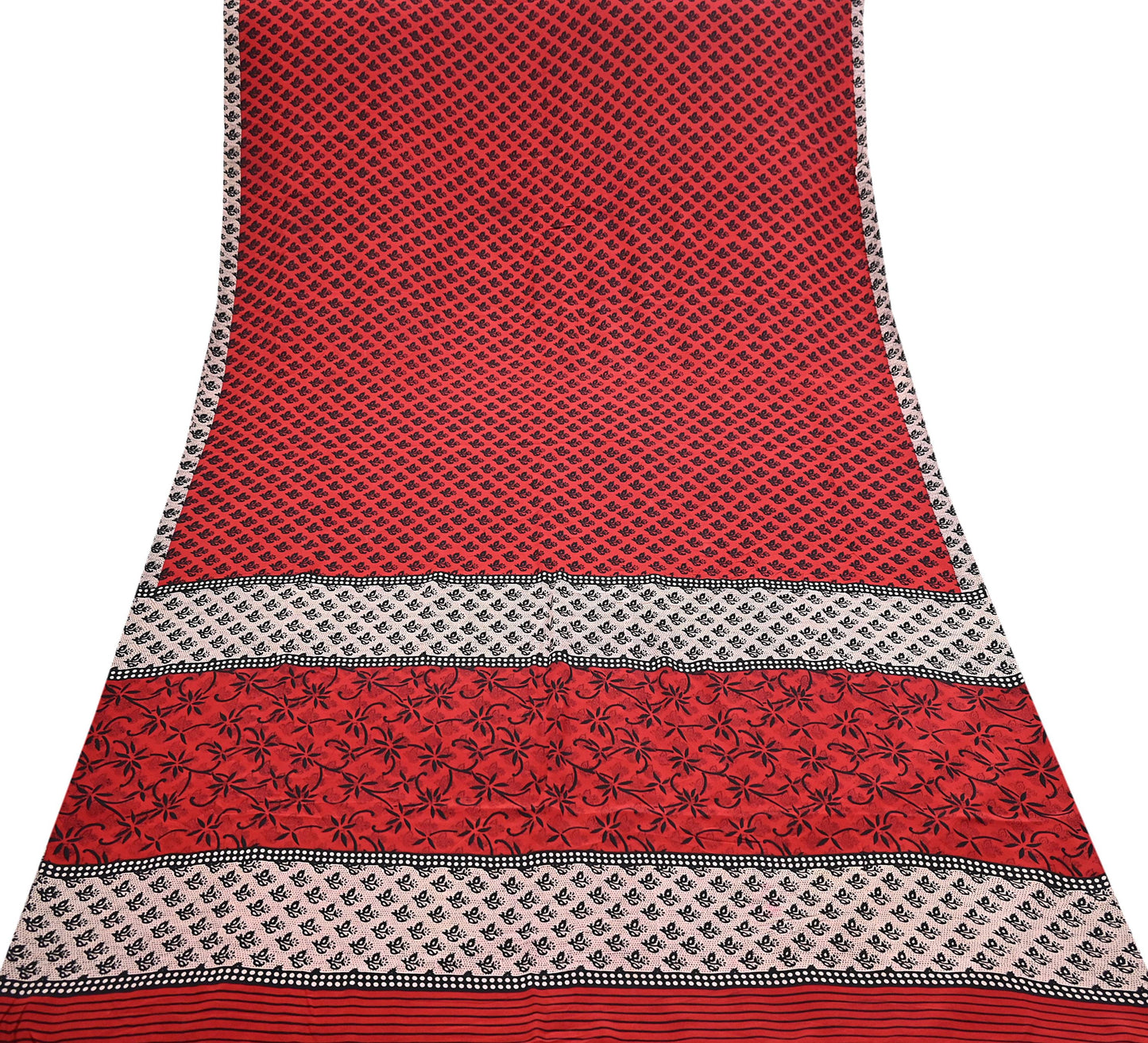 Indian Vintage Sari Black & Red Pure Crepe Silk Printed Saree 5yard Sewing Rose Flower Soft Craft Fabric Wrap