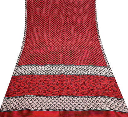 Indian Vintage Sari Black & Red Pure Crepe Silk Printed Saree 5yard Sewing Rose Flower Soft Craft Fabric Wrap