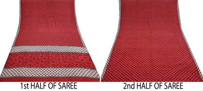 Indian Vintage Sari Black & Red Pure Crepe Silk Printed Saree 5yard Sewing Rose Flower Soft Craft Fabric Wrap