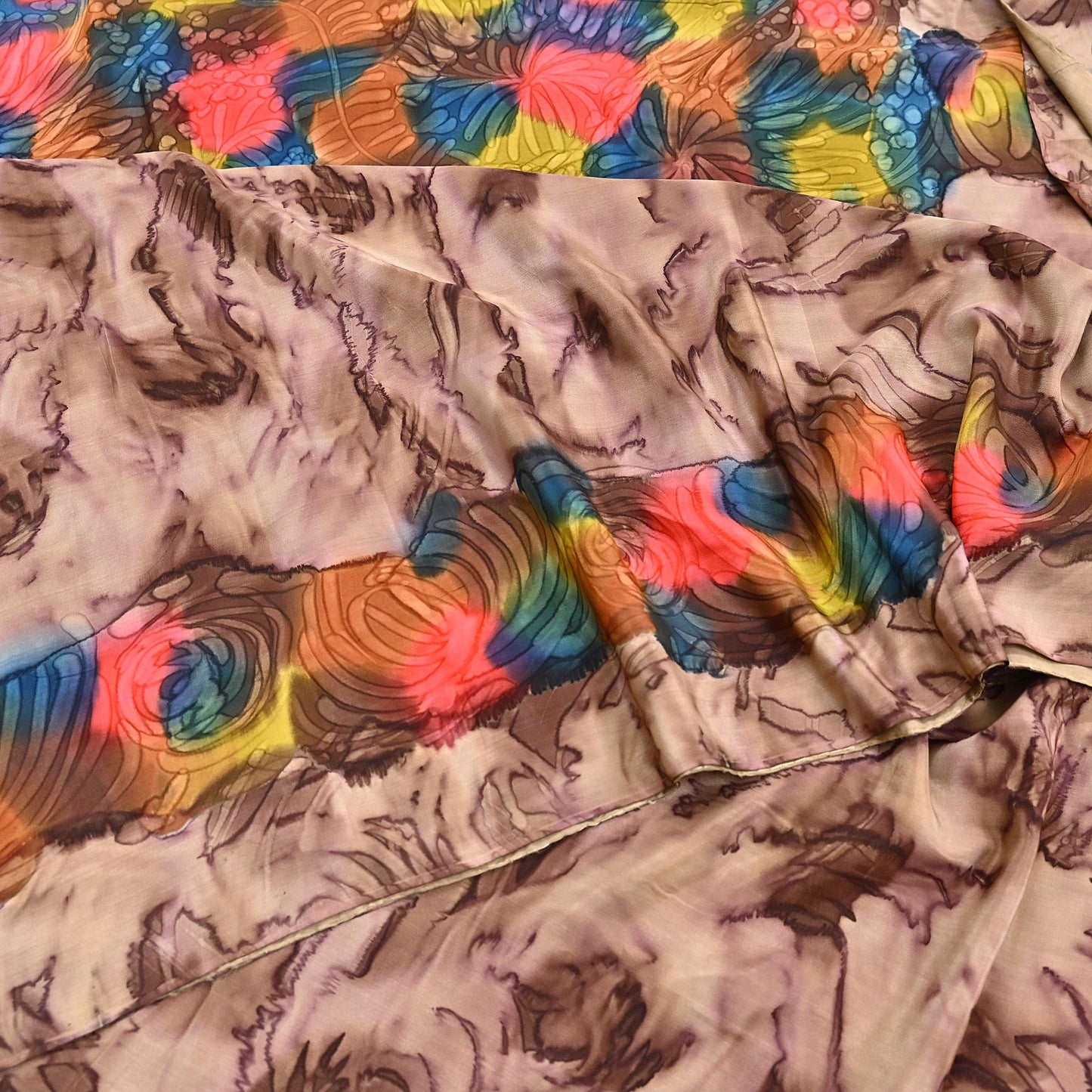 Indian Vintage Sari Brown Pure Crepe Silk Tie-Dye Printed Sarees 6yd Sewing Abstract Soft Craft Fabric Wrap Dress making Crafting Quilting