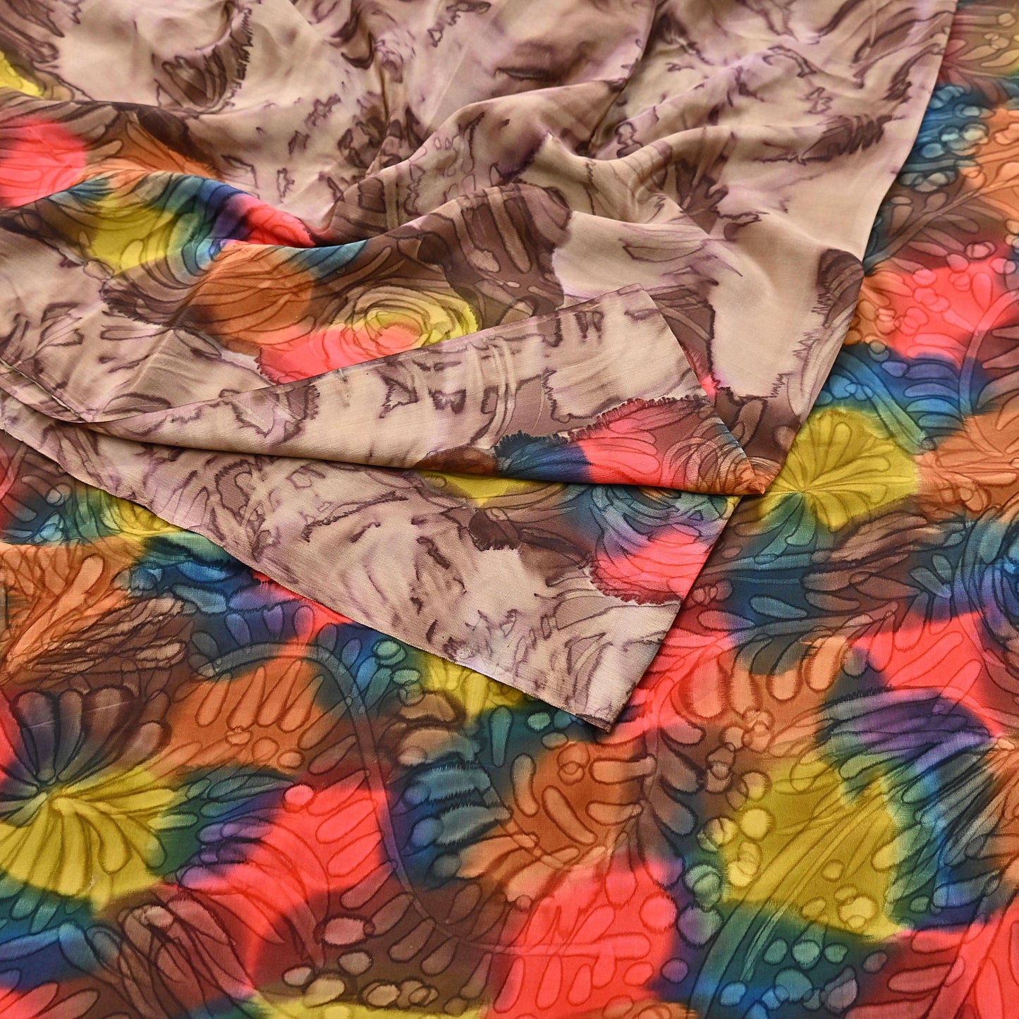 Indian Vintage Sari Brown Pure Crepe Silk Tie-Dye Printed Sarees 6yd Sewing Abstract Soft Craft Fabric Wrap Dress making Crafting Quilting