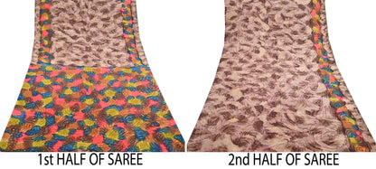 Indian Vintage Sari Brown Pure Crepe Silk Tie-Dye Printed Sarees 6yd Sewing Abstract Soft Craft Fabric Wrap Dress making Crafting Quilting