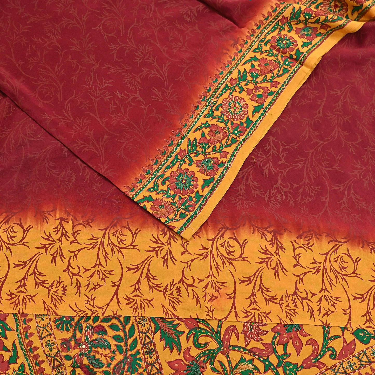 Indian Vintage Sari Maroon & mustard Pure Crepe Silk Hand Embroidered Saree 5yd Craft Fabric Sewing Sequins Dress Making Crafting Quilting