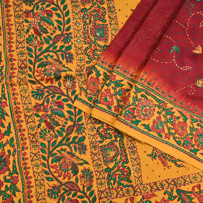 Indian Vintage Sari Maroon & mustard Pure Crepe Silk Hand Embroidered Saree 5yd Craft Fabric Sewing Sequins Dress Making Crafting Quilting