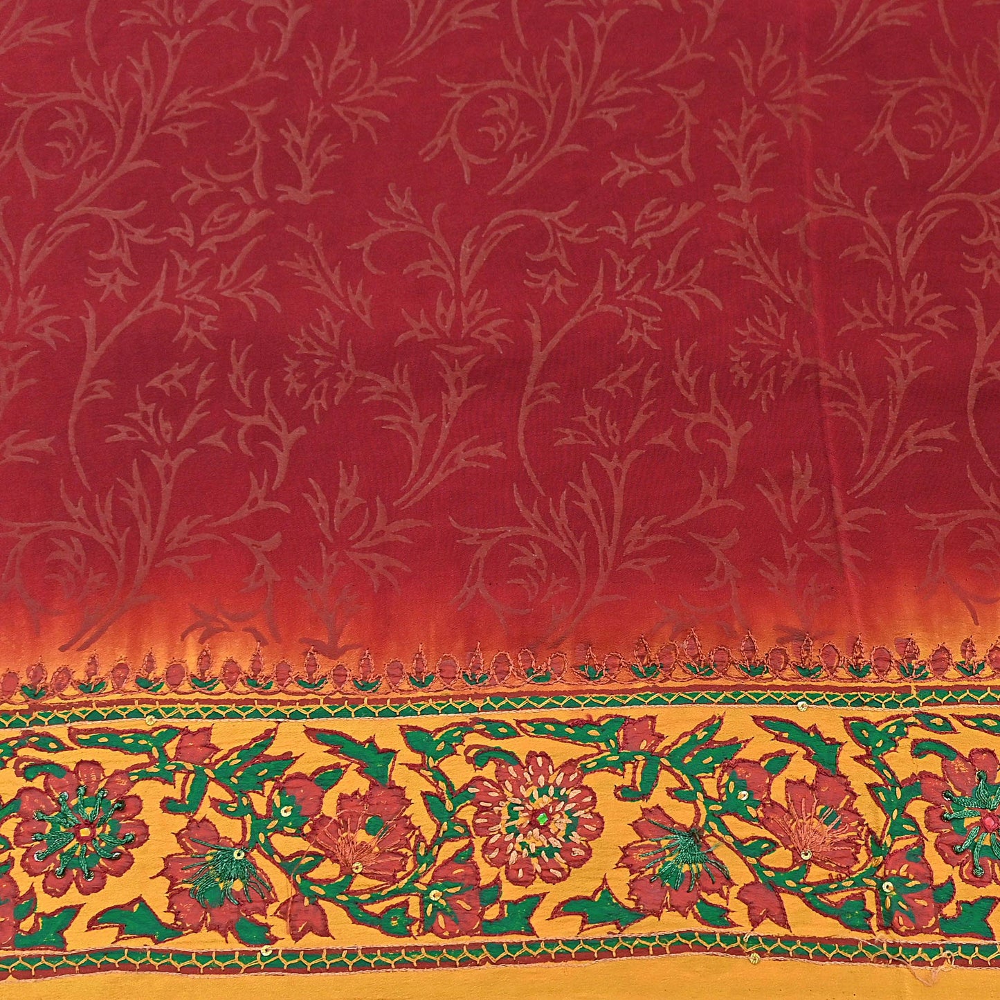 Indian Vintage Sari Maroon & mustard Pure Crepe Silk Hand Embroidered Saree 5yd Craft Fabric Sewing Sequins Dress Making Crafting Quilting