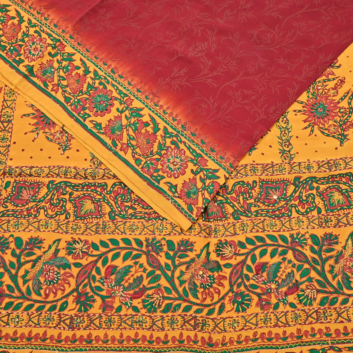 Indian Vintage Sari Maroon & mustard Pure Crepe Silk Hand Embroidered Saree 5yd Craft Fabric Sewing Sequins Dress Making Crafting Quilting