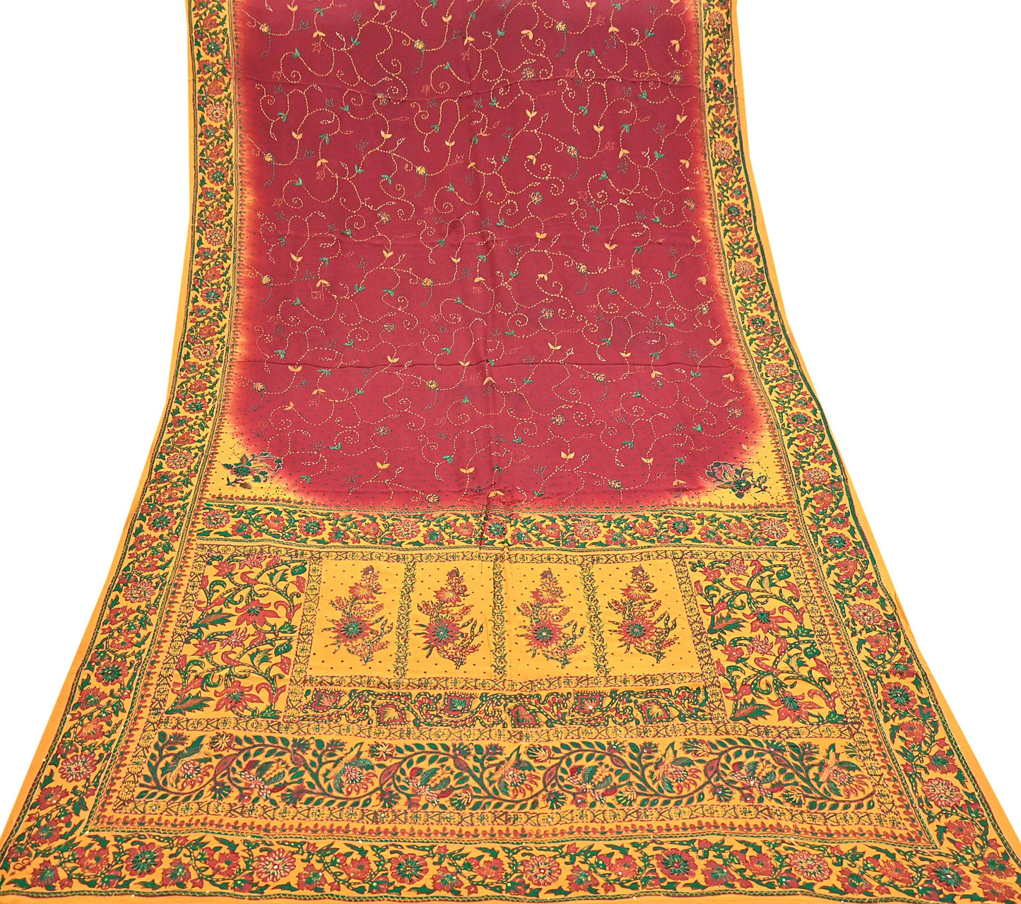 Indian Vintage Sari Maroon & mustard Pure Crepe Silk Hand Embroidered Saree 5yd Craft Fabric Sewing Sequins Dress Making Crafting Quilting