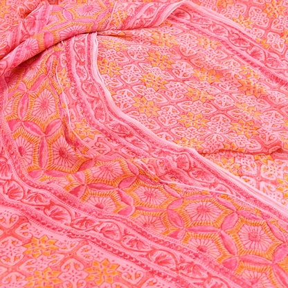 Women Vintage Pink Saree Blend Chiffon Printed Sari Craft Fabric Sewing 6Yd Soft Light Sari Dress Making Floral Crafting Quilting Upcycle