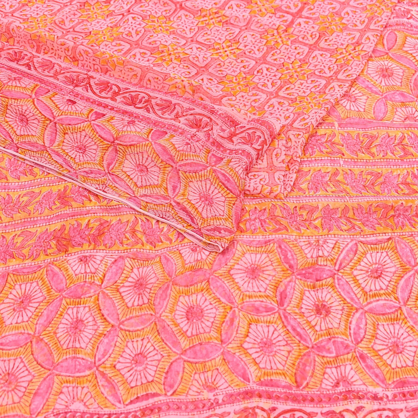 Women Vintage Pink Saree Blend Chiffon Printed Sari Craft Fabric Sewing 6Yd Soft Light Sari Dress Making Floral Crafting Quilting Upcycle