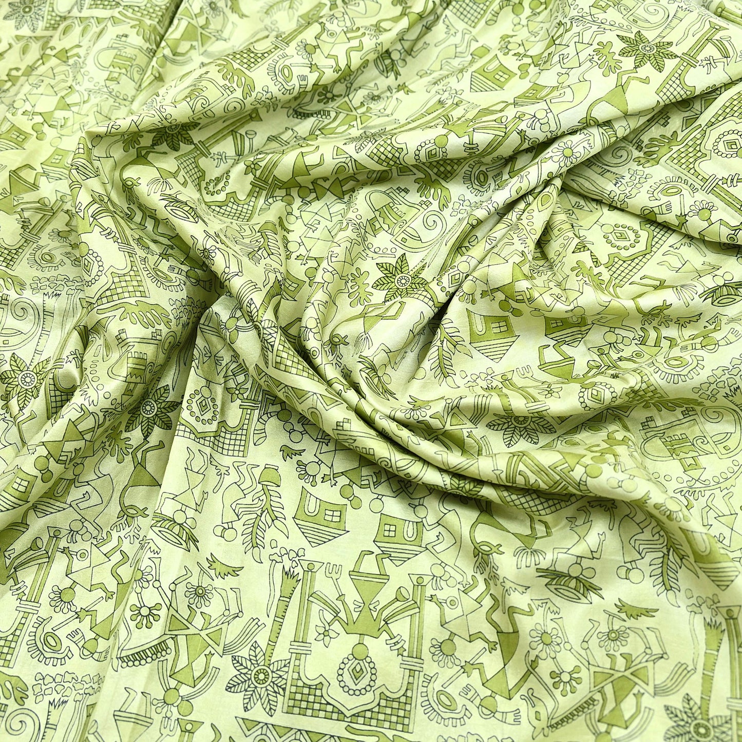Indian Vintage Sari green & ivory Pure Silk Warli Printed Saree Craft Fabric 5Yd Dress making Sewing Dress making For Crafting Quilting