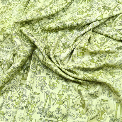 Indian Vintage Sari green & ivory Pure Silk Warli Printed Saree Craft Fabric 5Yd Dress making Sewing Dress making For Crafting Quilting