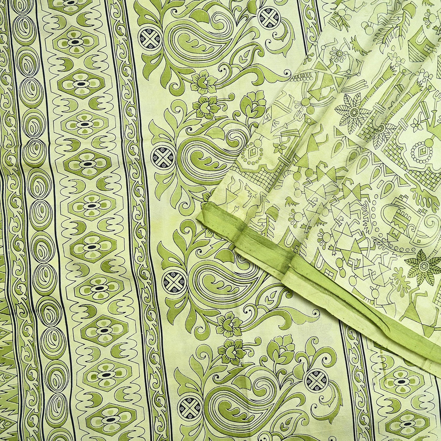 Indian Vintage Sari green & ivory Pure Silk Warli Printed Saree Craft Fabric 5Yd Dress making Sewing Dress making For Crafting Quilting