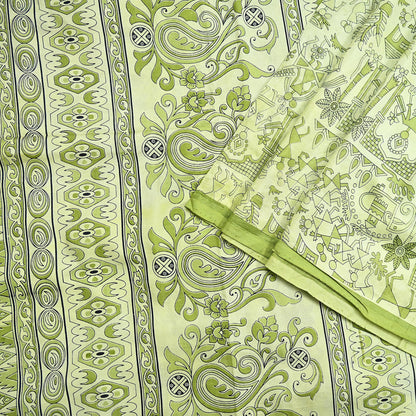 Indian Vintage Sari green & ivory Pure Silk Warli Printed Saree Craft Fabric 5Yd Dress making Sewing Dress making For Crafting Quilting