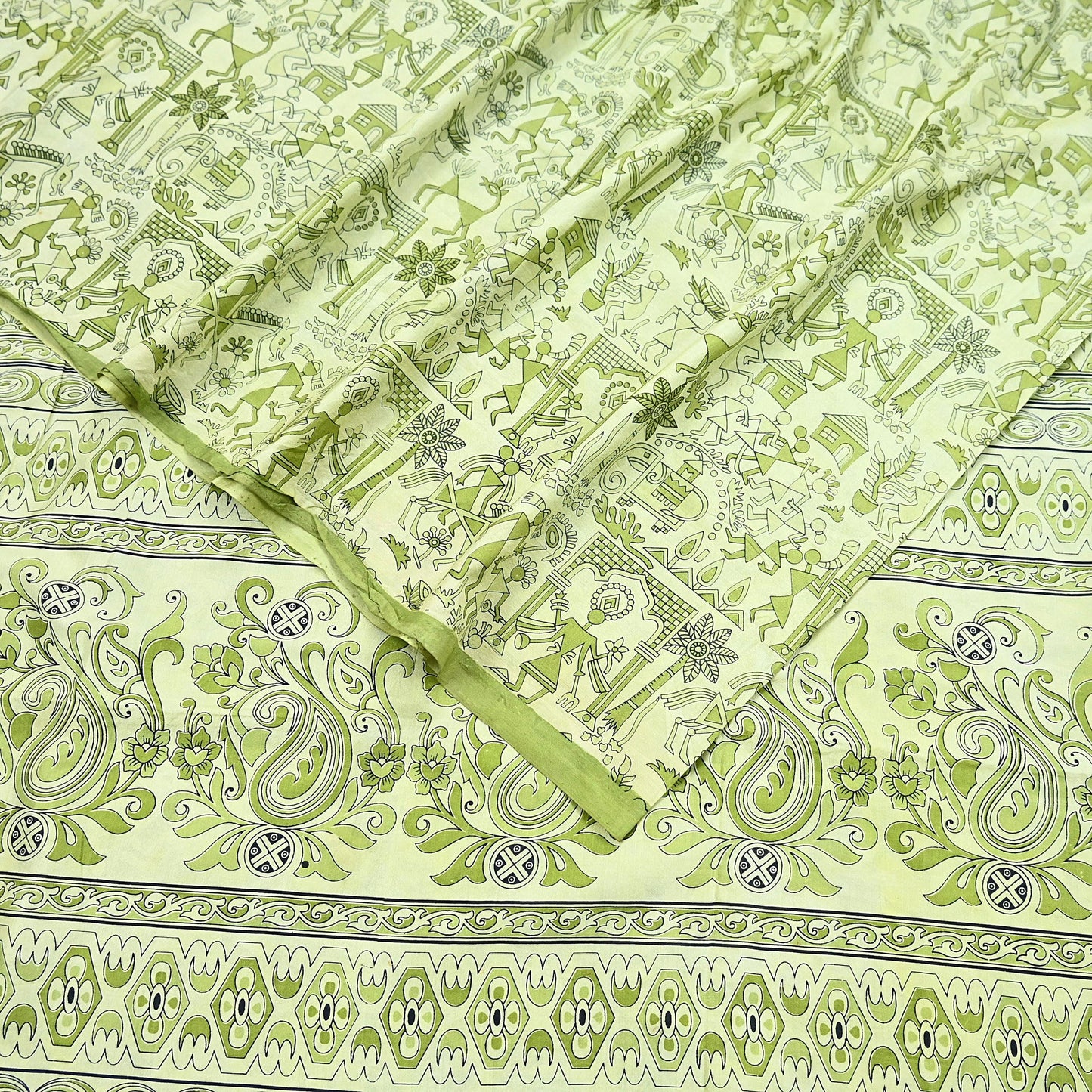 Indian Vintage Sari green & ivory Pure Silk Warli Printed Saree Craft Fabric 5Yd Dress making Sewing Dress making For Crafting Quilting