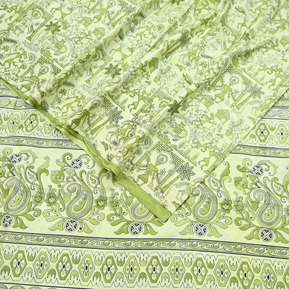 Indian Vintage Sari green & ivory Pure Silk Warli Printed Saree Craft Fabric 5Yd Dress making Sewing Dress making For Crafting Quilting
