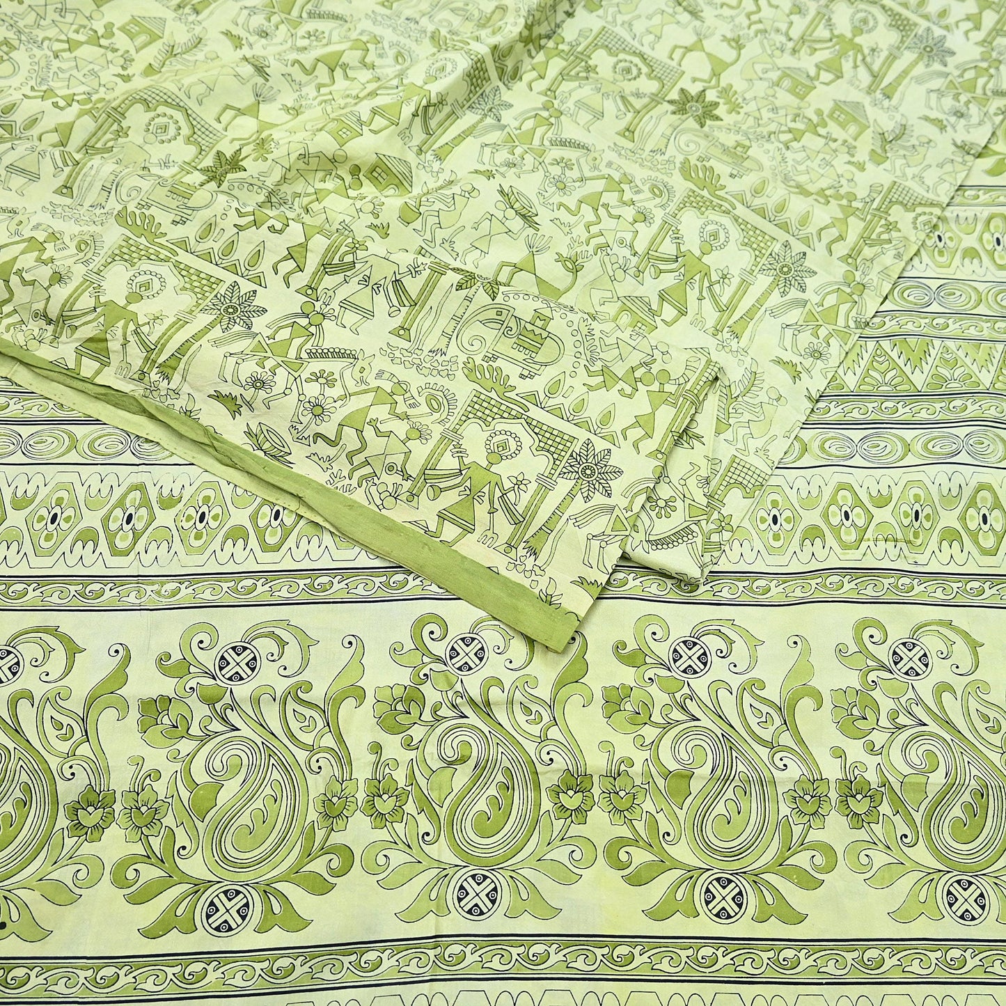 Indian Vintage Sari green & ivory Pure Silk Warli Printed Saree Craft Fabric 5Yd Dress making Sewing Dress making For Crafting Quilting
