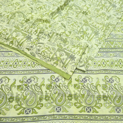 Indian Vintage Sari green & ivory Pure Silk Warli Printed Saree Craft Fabric 5Yd Dress making Sewing Dress making For Crafting Quilting