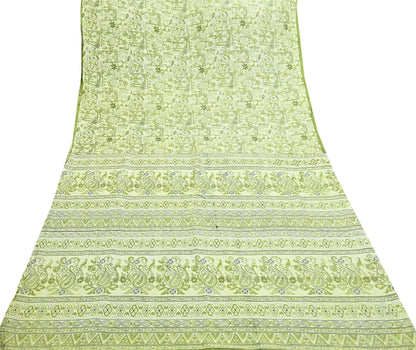 Indian Vintage Sari green & ivory Pure Silk Warli Printed Saree Craft Fabric 5Yd Dress making Sewing Dress making For Crafting Quilting