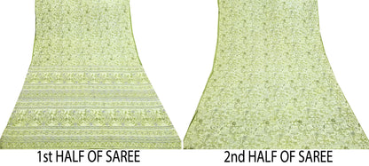 Indian Vintage Sari green & ivory Pure Silk Warli Printed Saree Craft Fabric 5Yd Dress making Sewing Dress making For Crafting Quilting