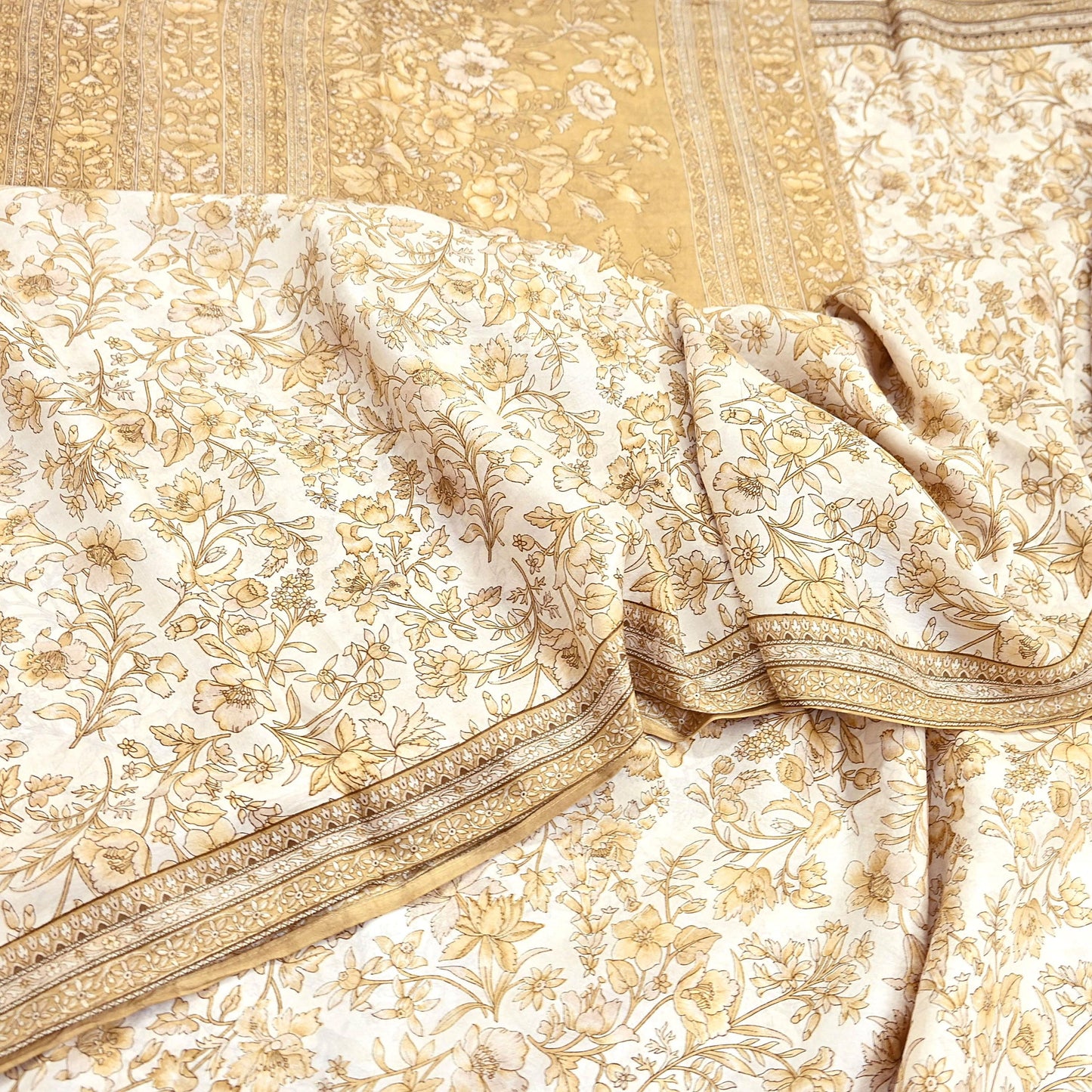 Indian Vintage Sari Ivory & Beige Pure Silk Printed Saree 6yd Sewing Paisley Craft Fabric DressMaking Soft Used Upcycled