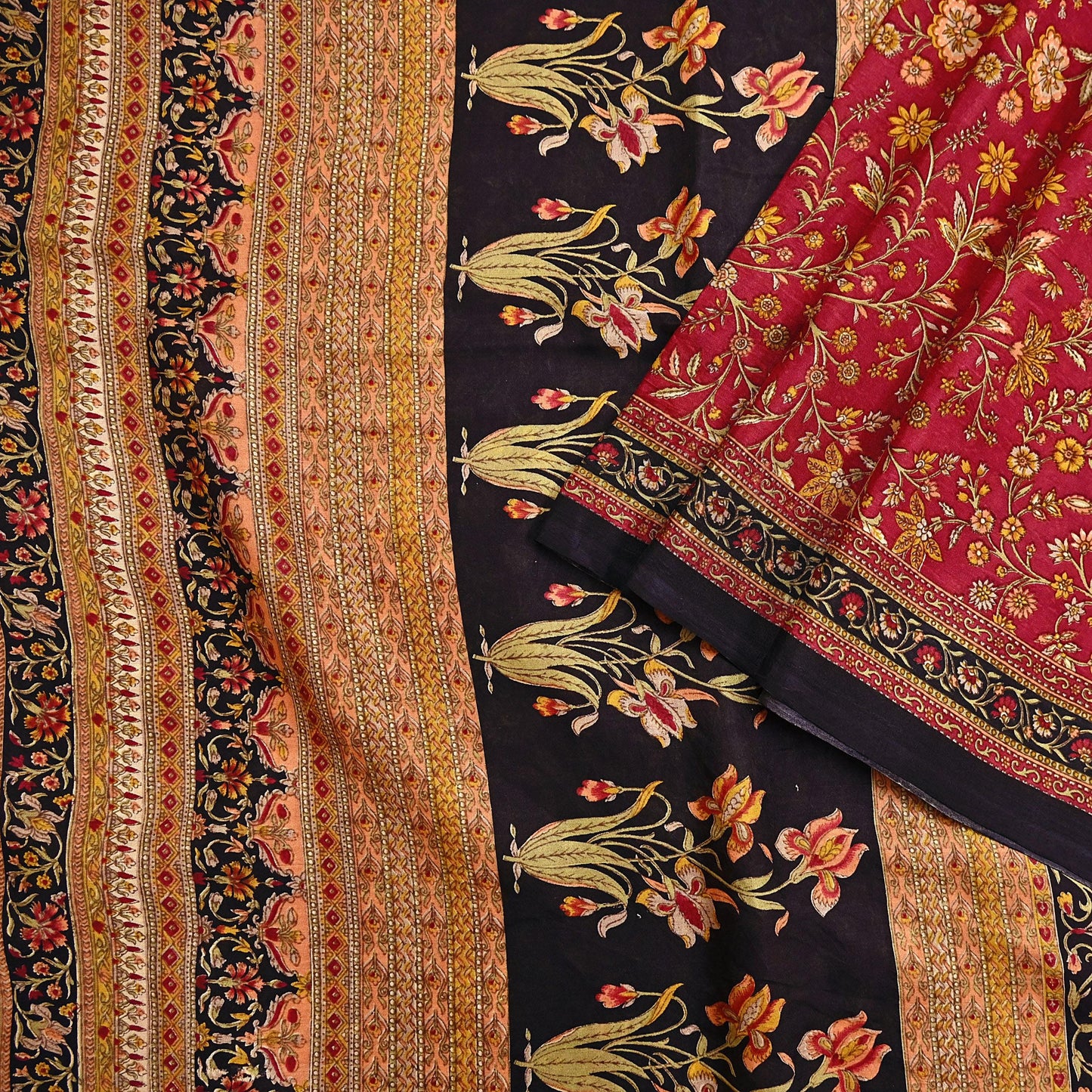 Indian Vintage Sari Maroon & Black 100% Pure Silk Printed Saree Craft Fabric 6yd Sewing Dress Making Soft Wrap Quilting Crafting Upcycle