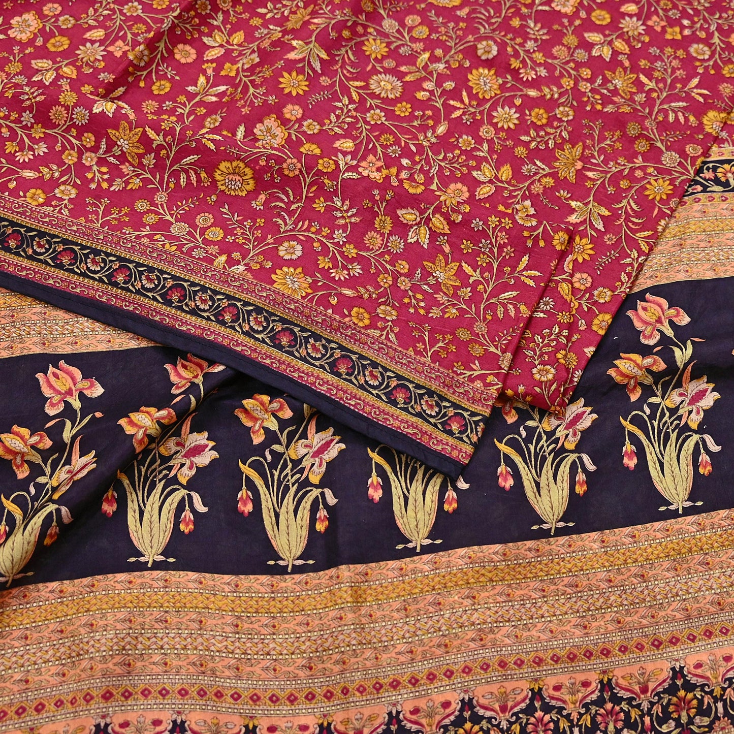 Indian Vintage Sari Maroon & Black 100% Pure Silk Printed Saree Craft Fabric 6yd Sewing Dress Making Soft Wrap Quilting Crafting Upcycle