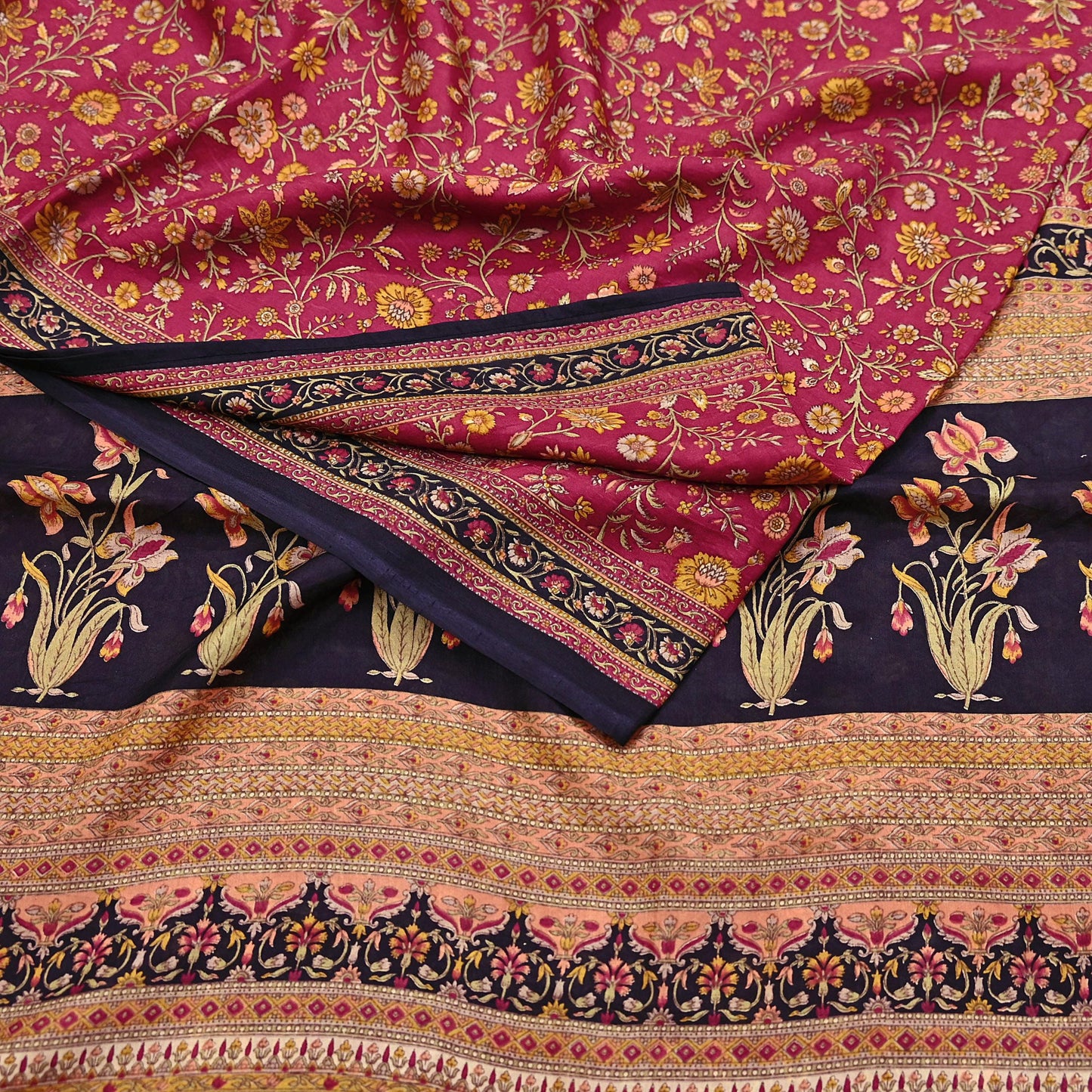 Indian Vintage Sari Maroon & Black 100% Pure Silk Printed Saree Craft Fabric 6yd Sewing Dress Making Soft Wrap Quilting Crafting Upcycle