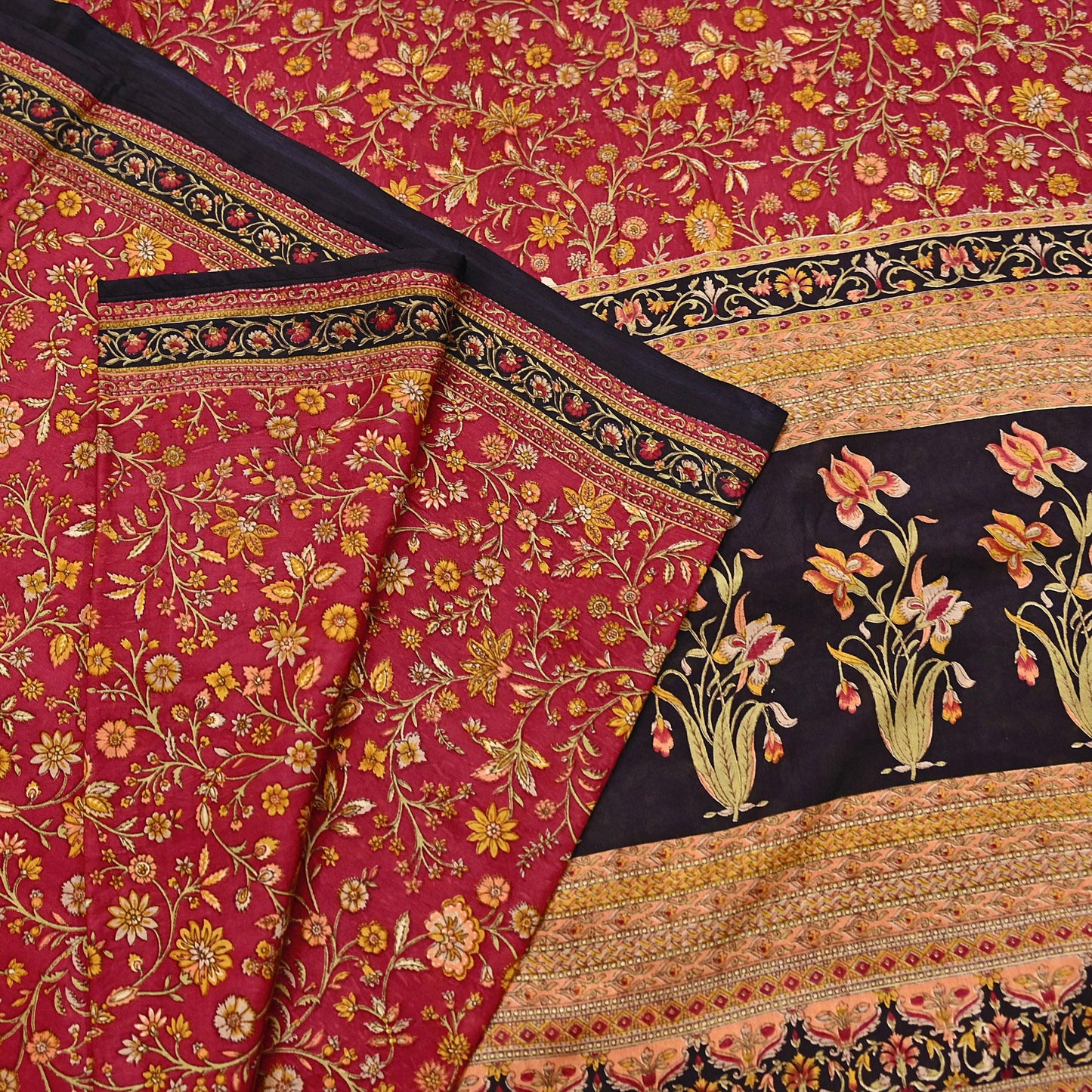 Indian Vintage Sari Maroon & Black 100% Pure Silk Printed Saree Craft Fabric 6yd Sewing Dress Making Soft Wrap Quilting Crafting Upcycle