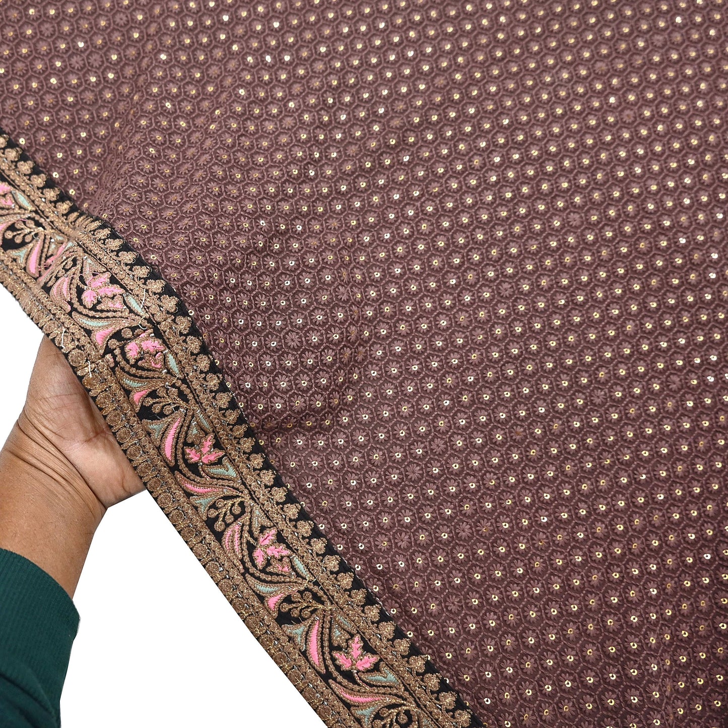 Indian Vintage Dupatta Brown Long Stole Pure Georgette Silk Embroidered Scarves Veil Hijab Floral