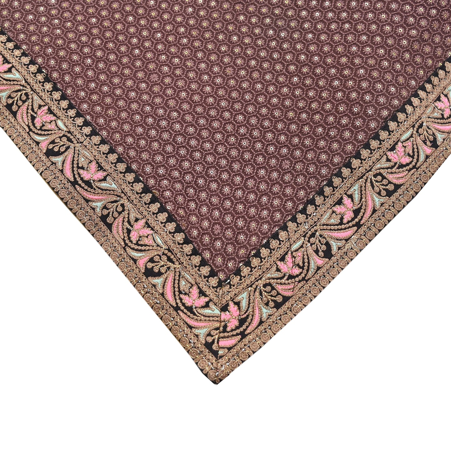 Indian Vintage Dupatta Brown Long Stole Pure Georgette Silk Embroidered Scarves Veil Hijab Floral