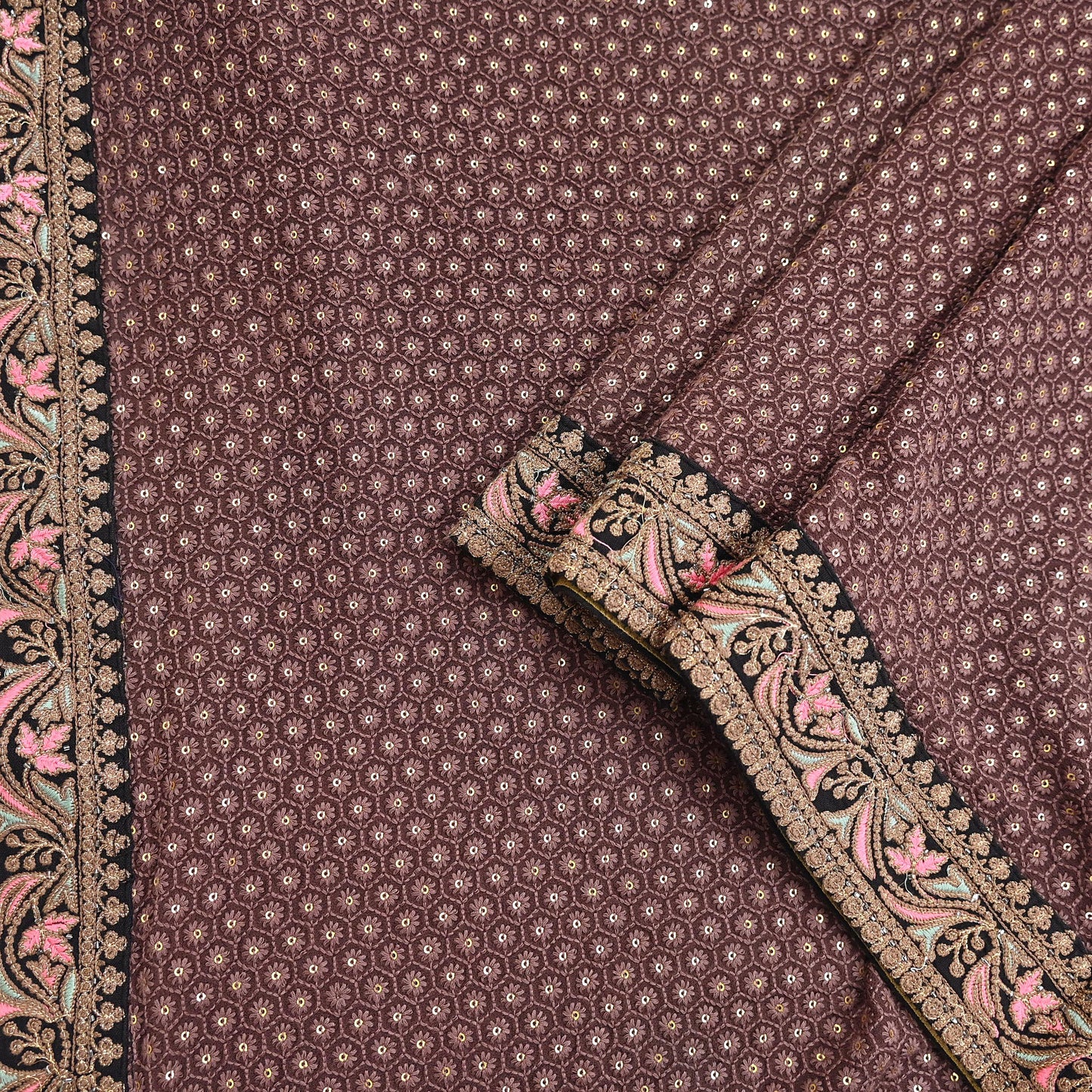 Indian Vintage Dupatta Brown Long Stole Pure Georgette Silk Embroidered Scarves Veil Hijab Floral