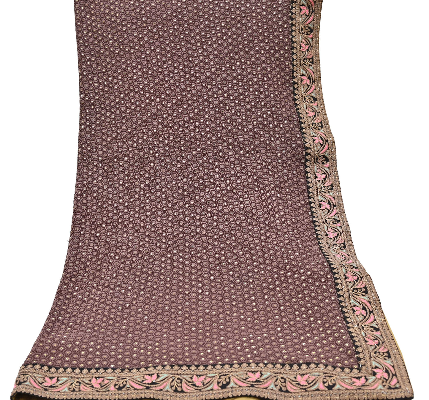 Indian Vintage Dupatta Brown Long Stole Pure Georgette Silk Embroidered Scarves Veil Hijab Floral