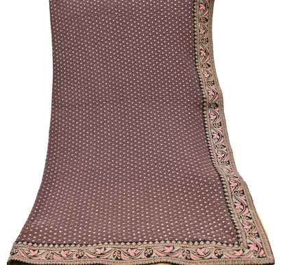 Indian Vintage Dupatta Brown Long Stole Pure Georgette Silk Embroidered Scarves Veil Hijab Floral