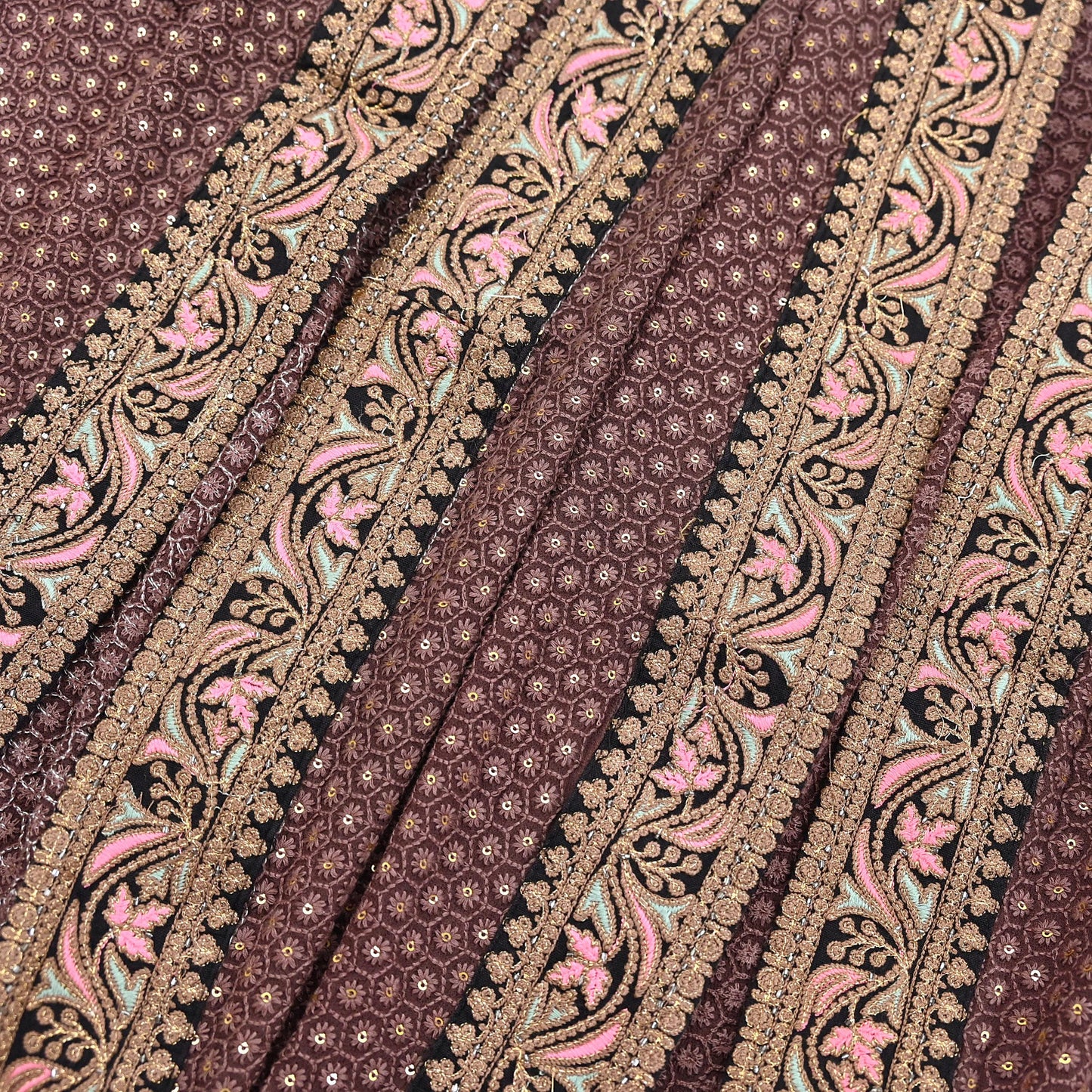 Indian Vintage Dupatta Brown Long Stole Pure Georgette Silk Embroidered Scarves Veil Hijab Floral