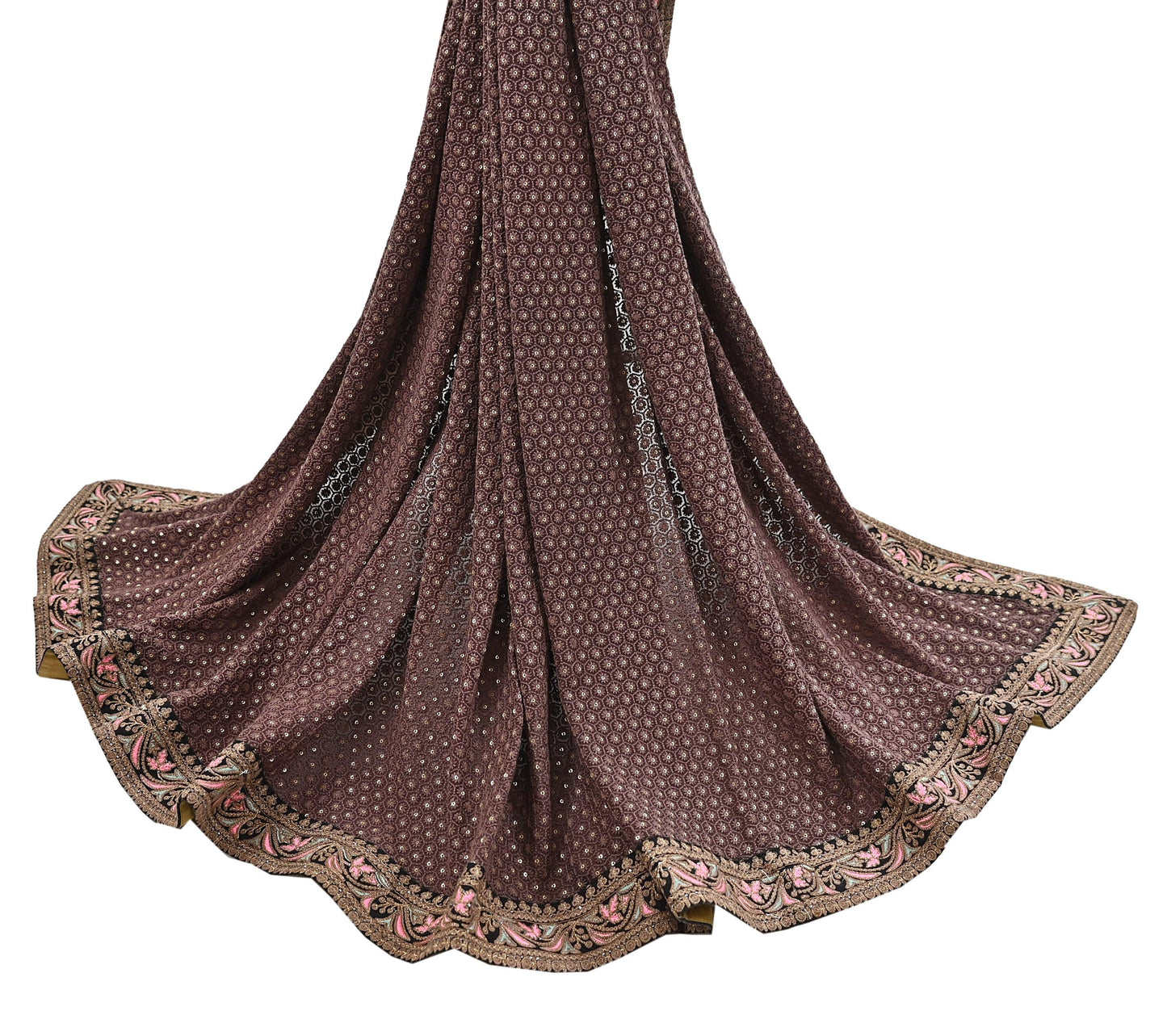 Indian Vintage Dupatta Brown Long Stole Pure Georgette Silk Embroidered Scarves Veil Hijab Floral