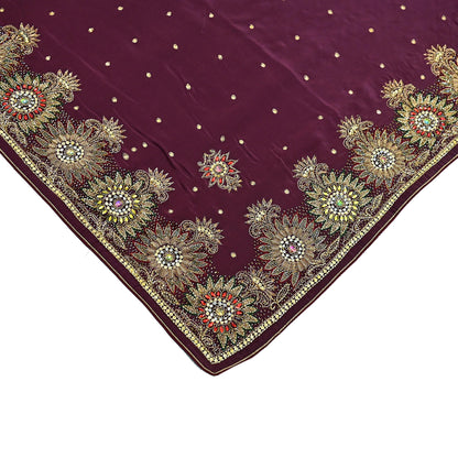 Indian Vintage Heavy Sari Maroon Pure Crepe Silk Hand Embroidered Sarees Craft Fabric 5Yd Sewing Zardozi Dress making With Blouse Pcs