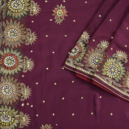 Indian Vintage Heavy Sari Maroon Pure Crepe Silk Hand Embroidered Sarees Craft Fabric 5Yd Sewing Zardozi Dress making With Blouse Pcs