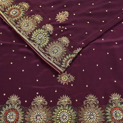 Indian Vintage Heavy Sari Maroon Pure Crepe Silk Hand Embroidered Sarees Craft Fabric 5Yd Sewing Zardozi Dress making With Blouse Pcs