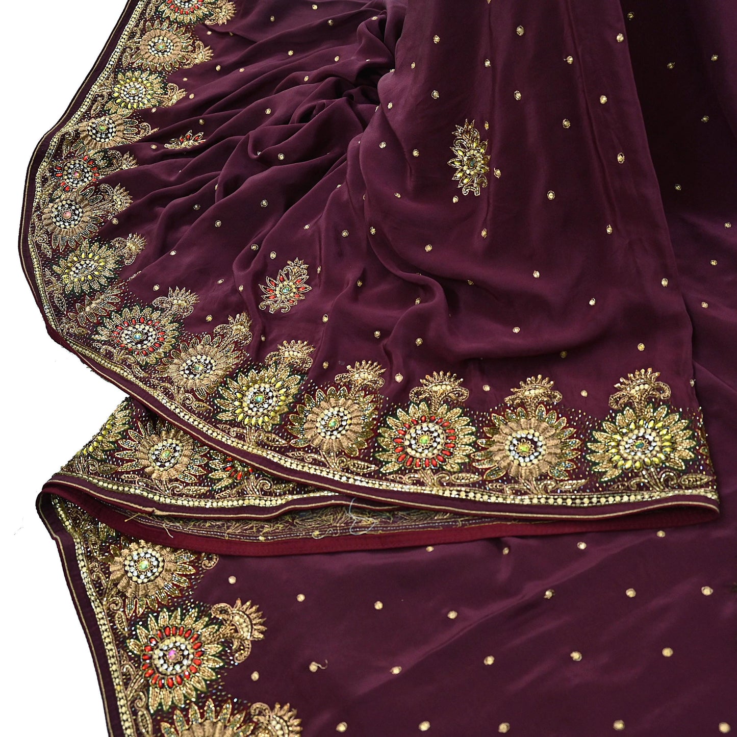 Indian Vintage Heavy Sari Maroon Pure Crepe Silk Hand Embroidered Sarees Craft Fabric 5Yd Sewing Zardozi Dress making With Blouse Pcs