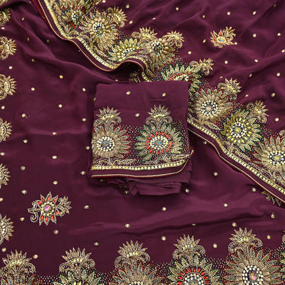 Indian Vintage Heavy Sari Maroon Pure Crepe Silk Hand Embroidered Sarees Craft Fabric 5Yd Sewing Zardozi Dress making With Blouse Pcs