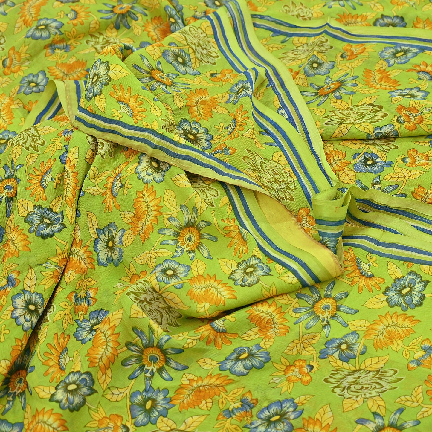 Vintage Saree Blue Pure Chiffon Silk Printed Sari Craft Fabric Sewing 5Yard Soft quilting crafting dress making