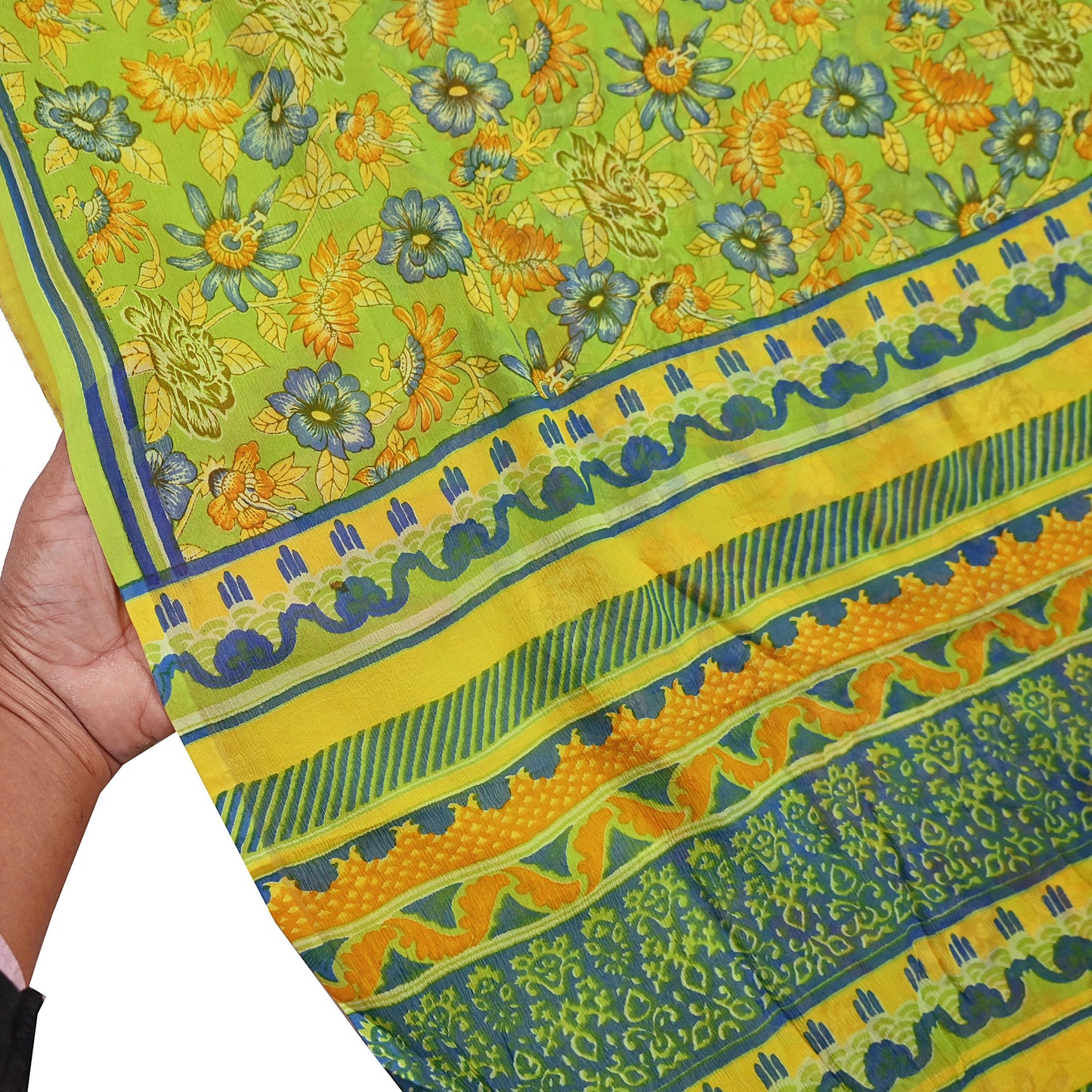 Vintage Saree Blue Pure Chiffon Silk Printed Sari Craft Fabric Sewing 5Yard Soft quilting crafting dress making