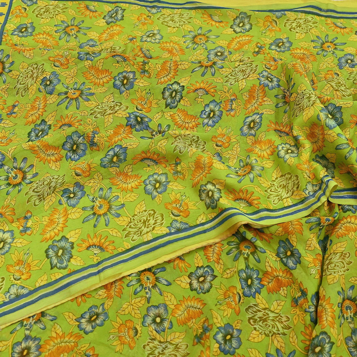 Vintage Saree Blue Pure Chiffon Silk Printed Sari Craft Fabric Sewing 5Yard Soft quilting crafting dress making