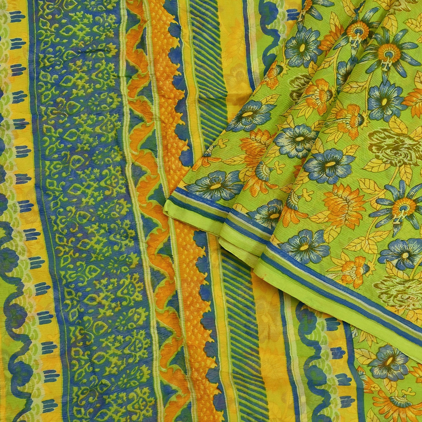 Vintage Saree Blue Pure Chiffon Silk Printed Sari Craft Fabric Sewing 5Yard Soft quilting crafting dress making