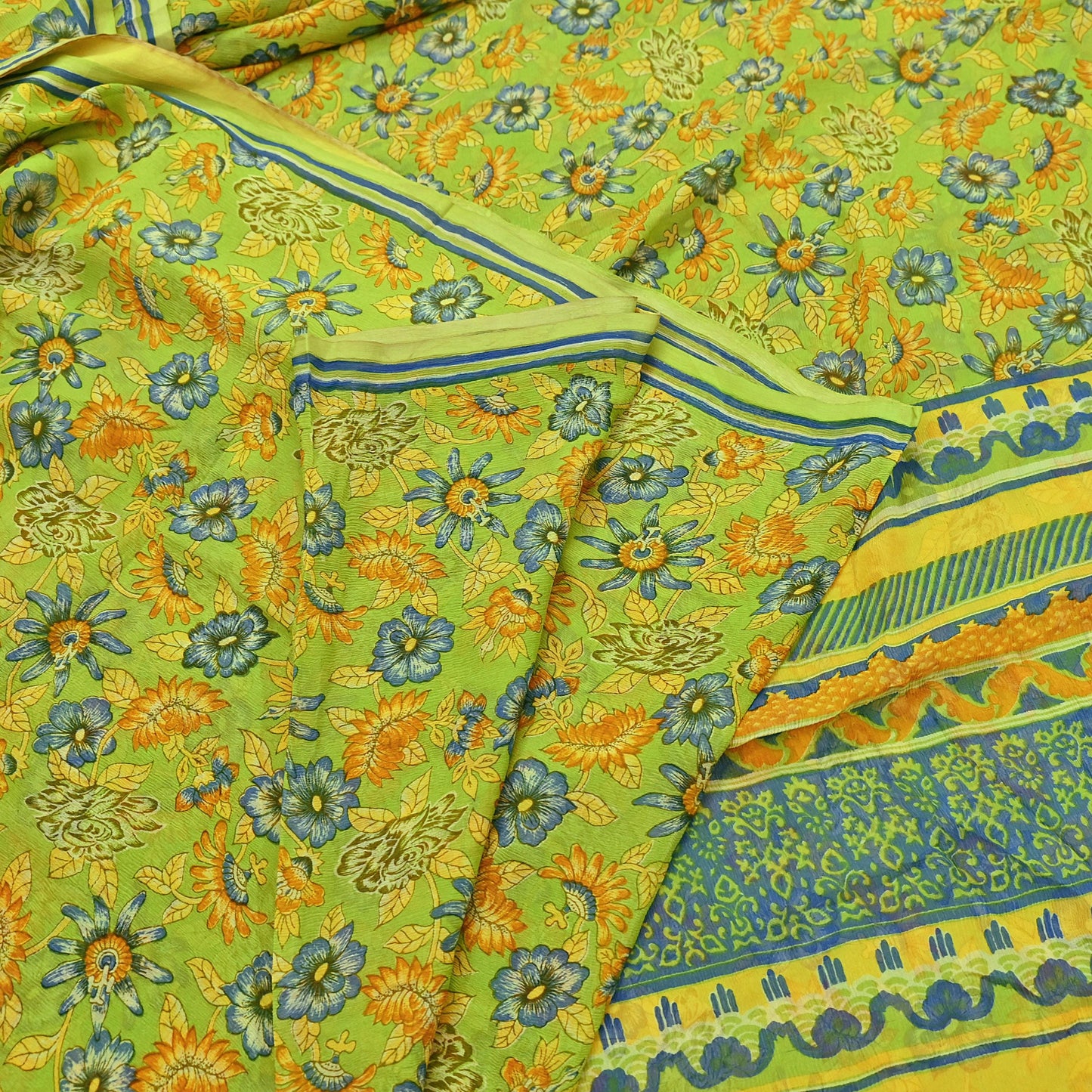 Vintage Saree Blue Pure Chiffon Silk Printed Sari Craft Fabric Sewing 5Yard Soft quilting crafting dress making