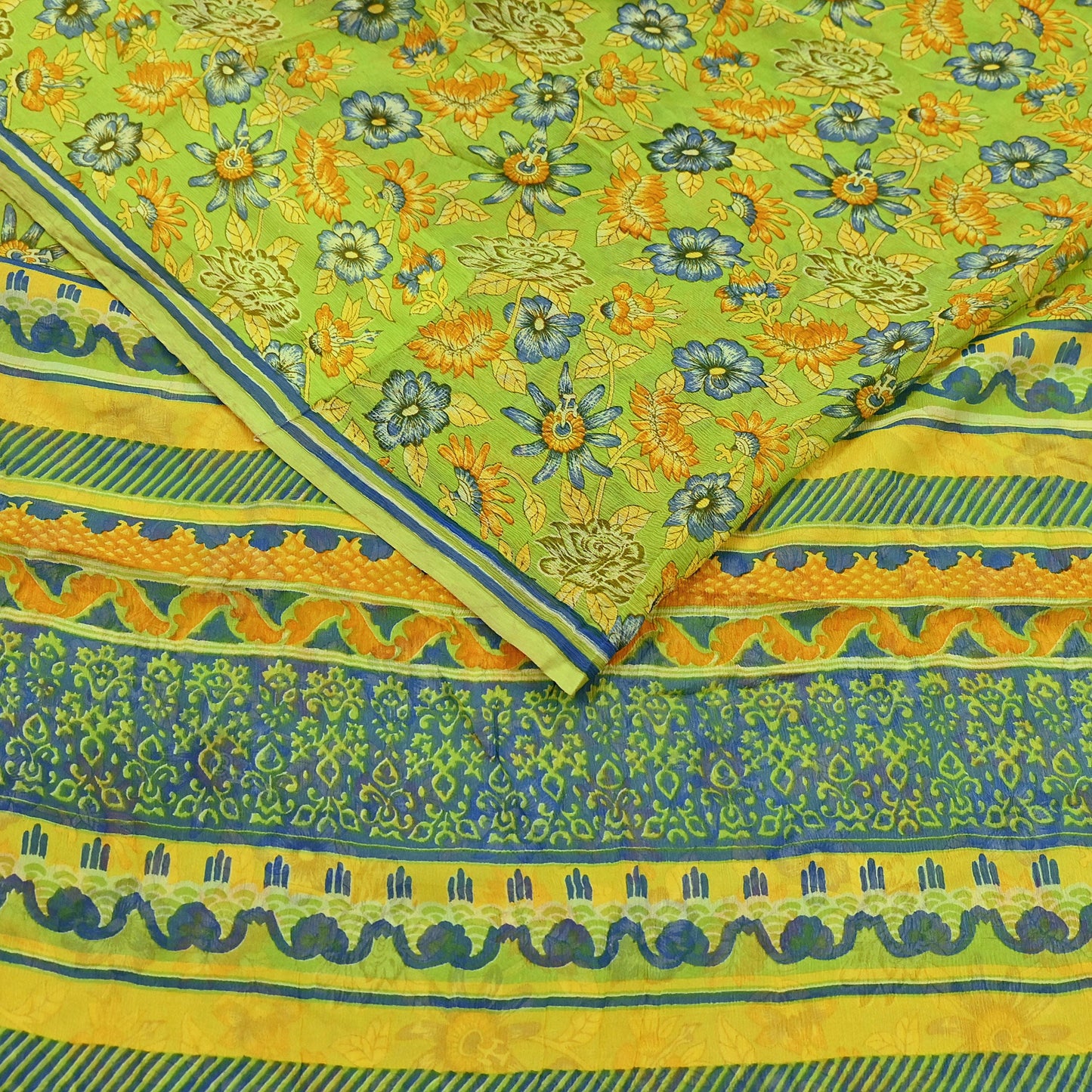 Vintage Saree Blue Pure Chiffon Silk Printed Sari Craft Fabric Sewing 5Yard Soft quilting crafting dress making
