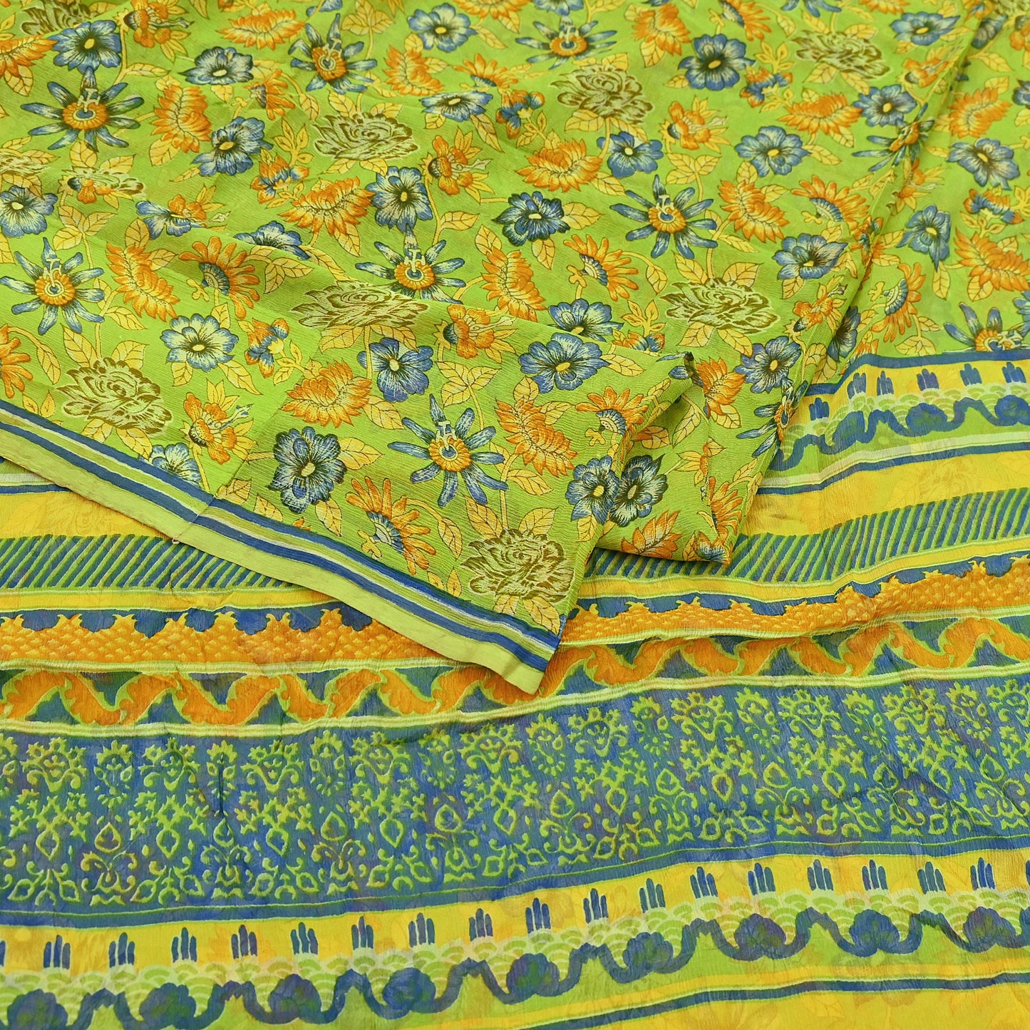 Vintage Saree Blue Pure Chiffon Silk Printed Sari Craft Fabric Sewing 5Yard Soft quilting crafting dress making
