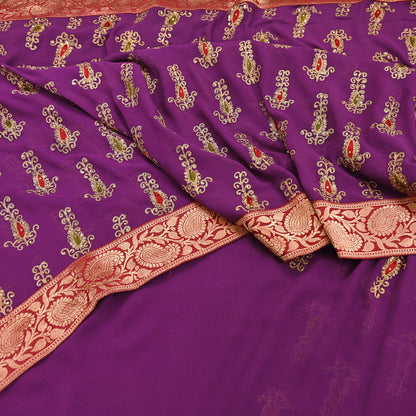 Indian Vintage Heavy Sarees Purple Pure Georgette Silk Hand Embroidered Sari Fabric 5Yd Sewing Ethnic zari with blouse fabric